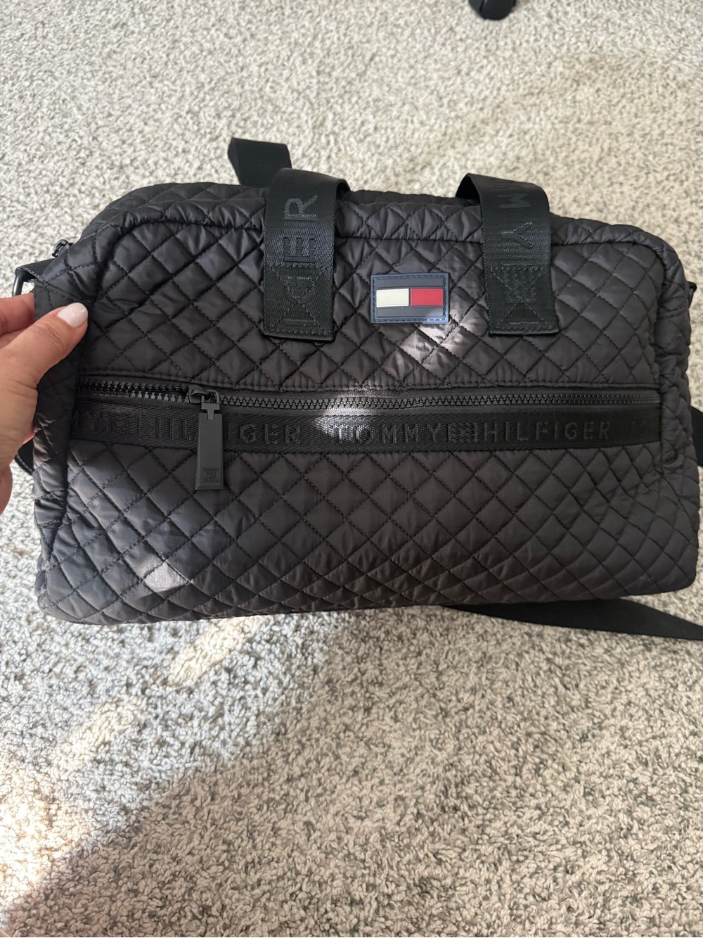 Tommy Hilfiger Black Quilted Travel Duffel with Logo Patch
